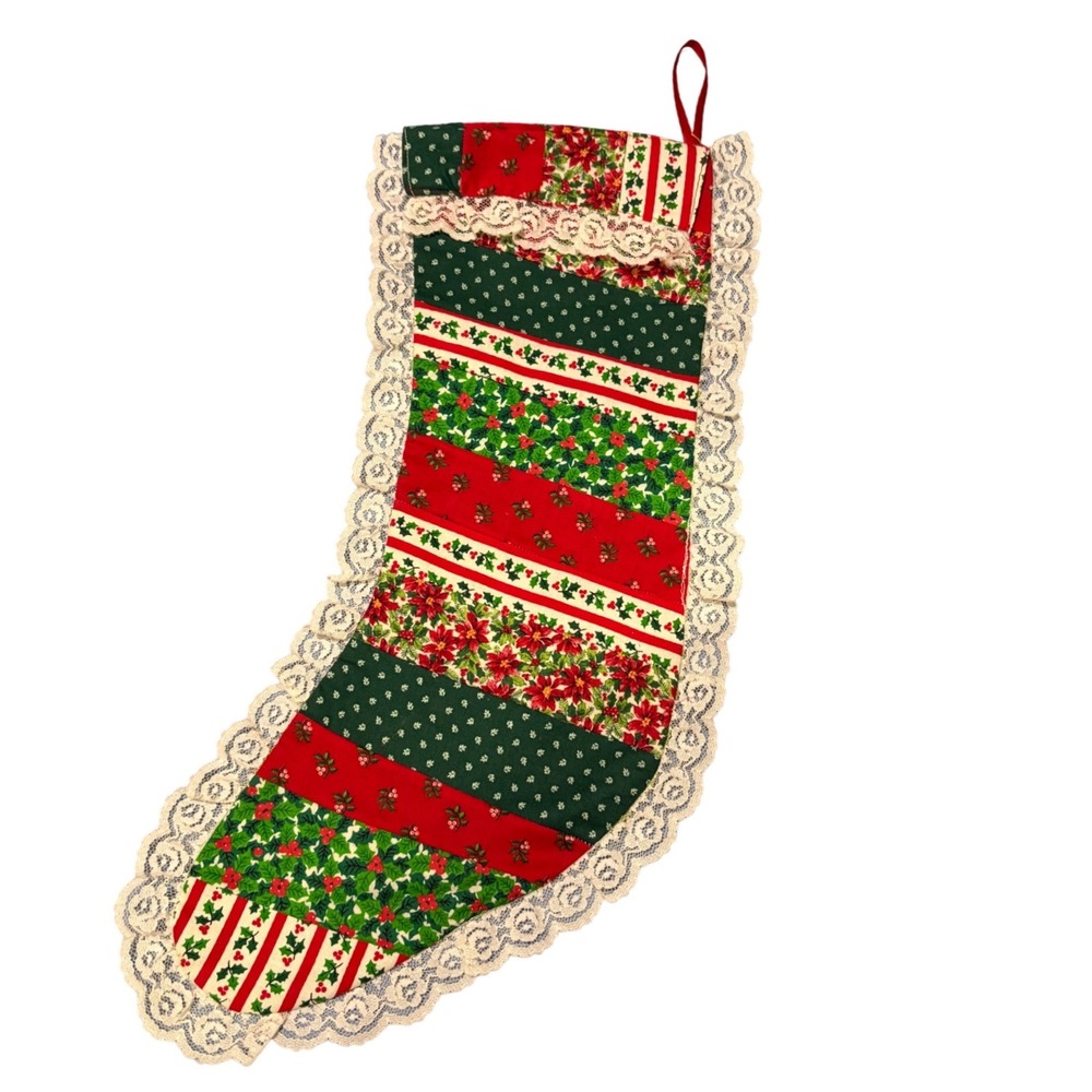 Handmade Quilted‎ Christmas Stocking Patchwork Lace Trim Poinsettia 17" Vintage